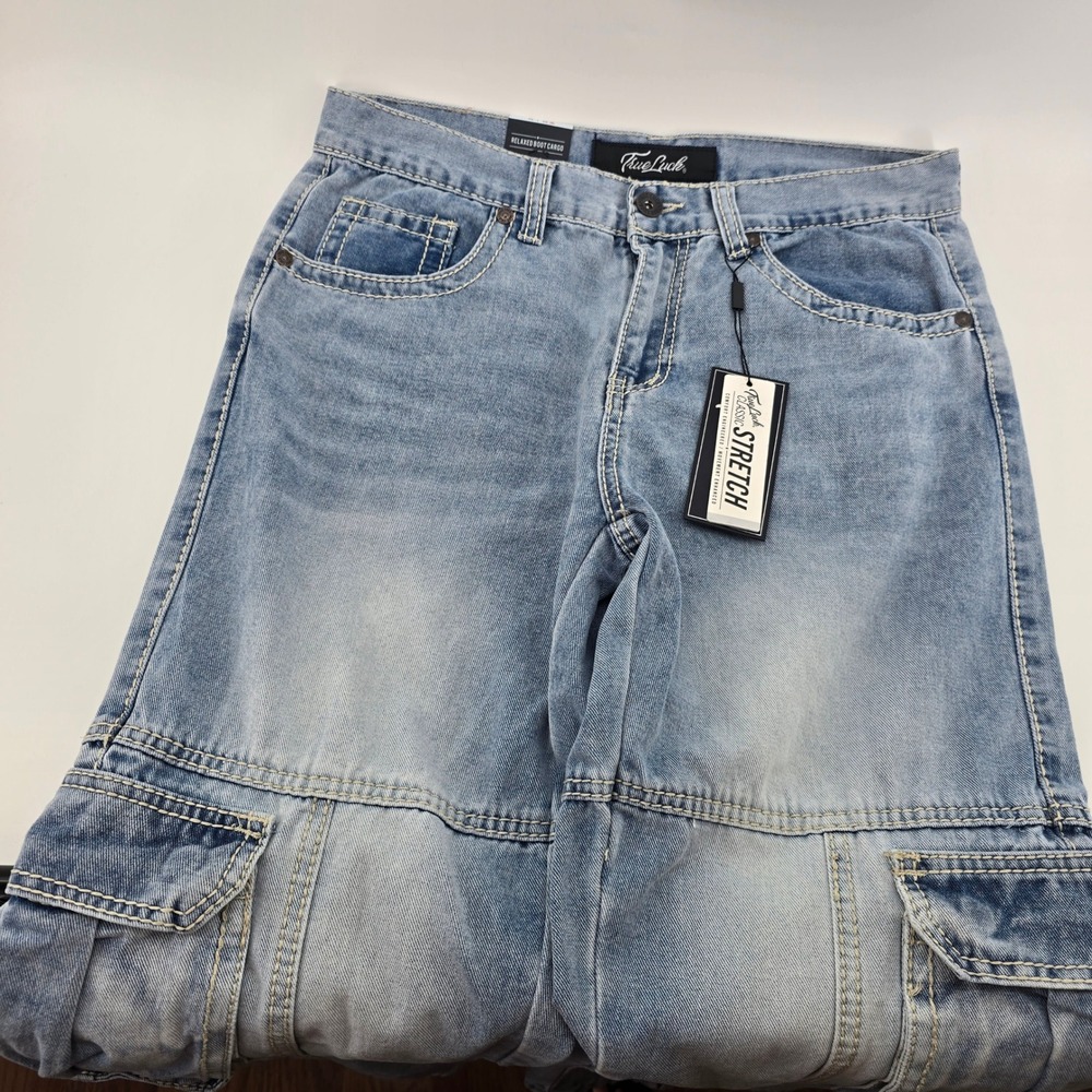 True Luck Relaxed Boot Cargo Jeans Mens Classic Stretch Light Wash 32x30 NWT